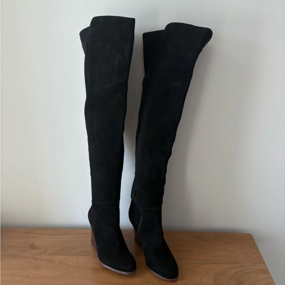 Vince Camuto Granta Over the Knee Wedge Boots Black Suede Size 5 NWOT